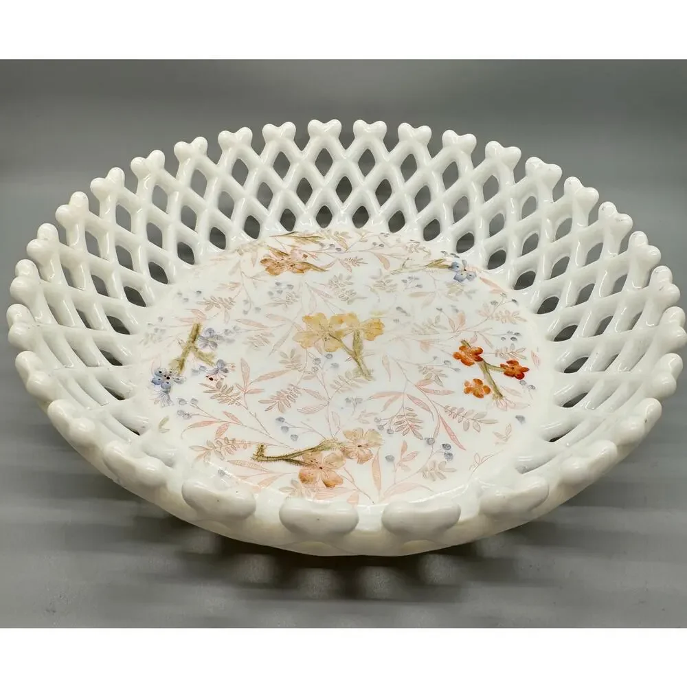 Vtg. Milk Glass Painted Floral Bowl Basket weave Lattice Fruit Compote Open Lace